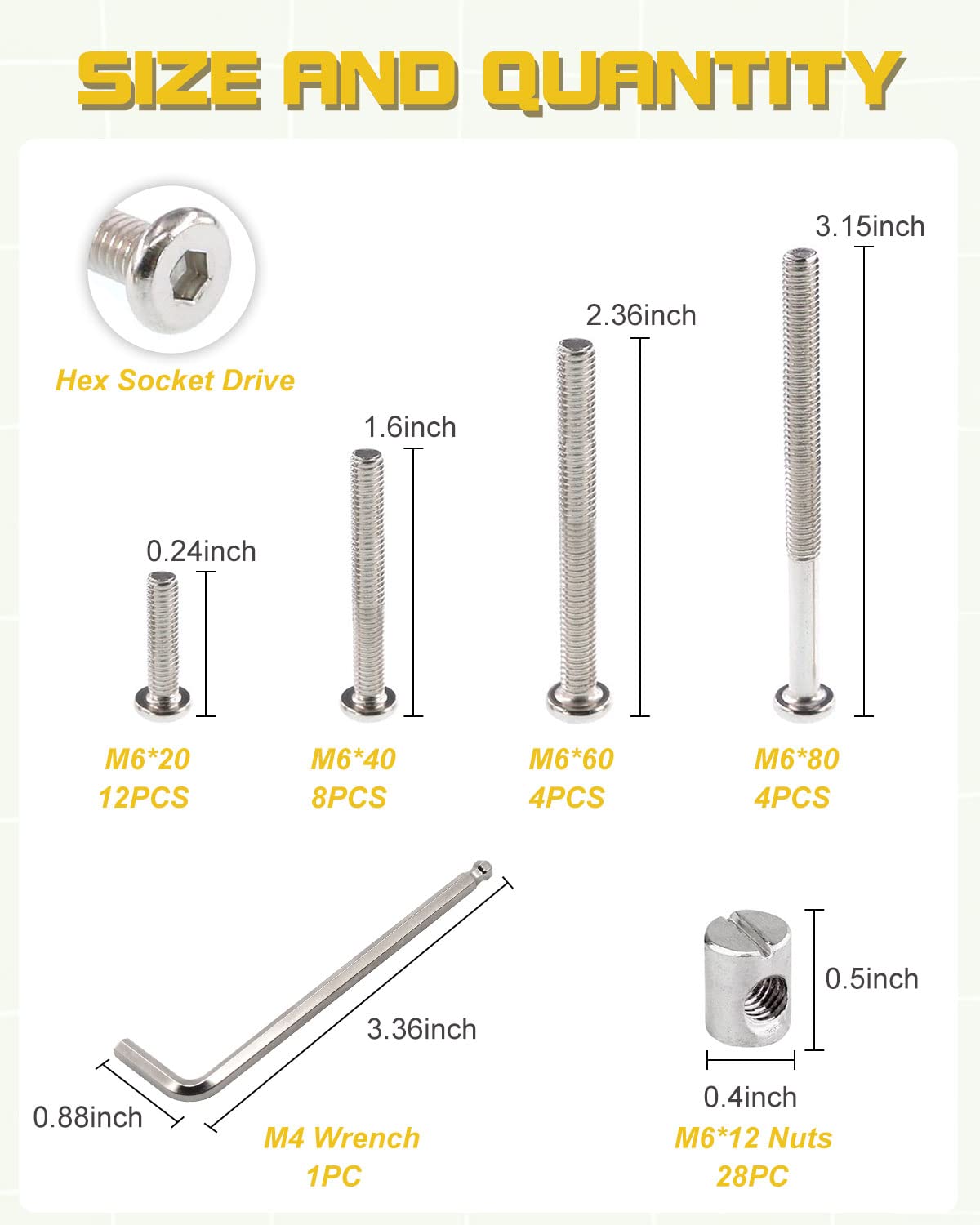 Crib Screws Hardware Replacement Kit - 28 Set Baby Bed Frame Bolts &Barrel Nuts Set for Delta/Graco/Dream On Me,M6x20/40/60/80 mm Hex Drive Socket Cap Screws Barrel Nuts