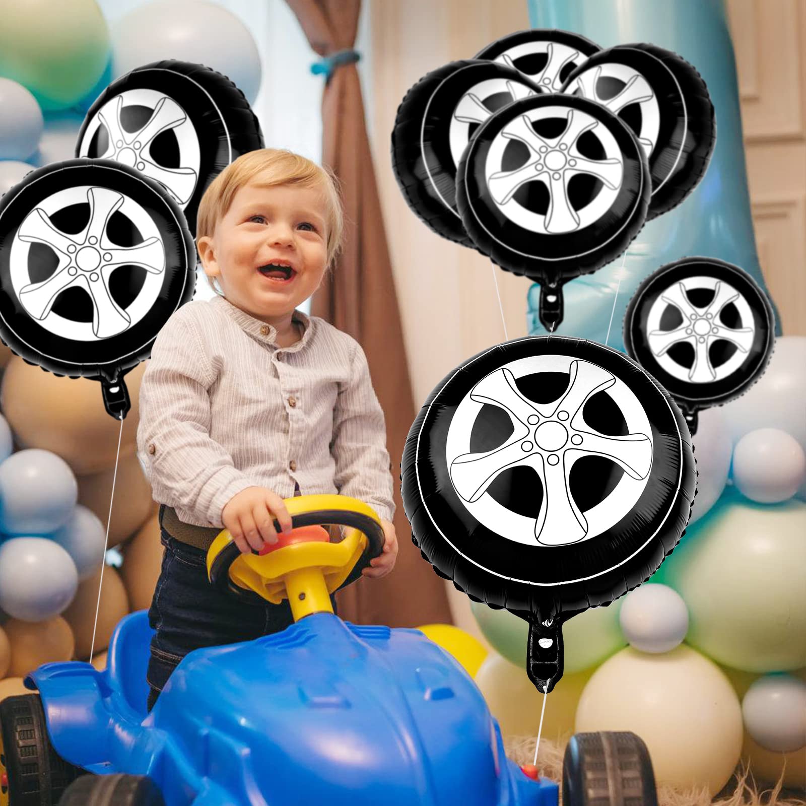 Waenerec 8pcs Tire Balloons 18 Inch Race Car Balloons Garland Kit Large Black Foil Wheels Balloons Classic Car Party Decorations for Boys Kids Truck, Race Car Theme Birthday Party Supplies