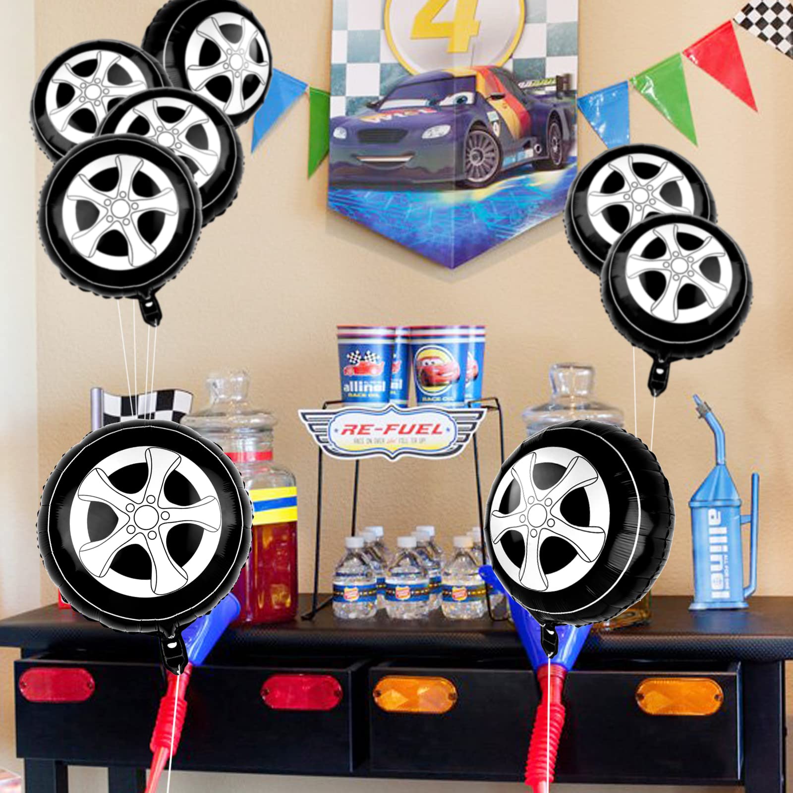 Waenerec 8pcs Tire Balloons 18 Inch Race Car Balloons Garland Kit Large Black Foil Wheels Balloons Classic Car Party Decorations for Boys Kids Truck, Race Car Theme Birthday Party Supplies