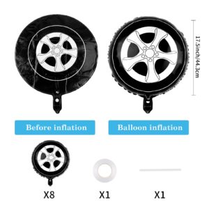 Waenerec 8pcs Tire Balloons 18 Inch Race Car Balloons Garland Kit Large Black Foil Wheels Balloons Classic Car Party Decorations for Boys Kids Truck, Race Car Theme Birthday Party Supplies