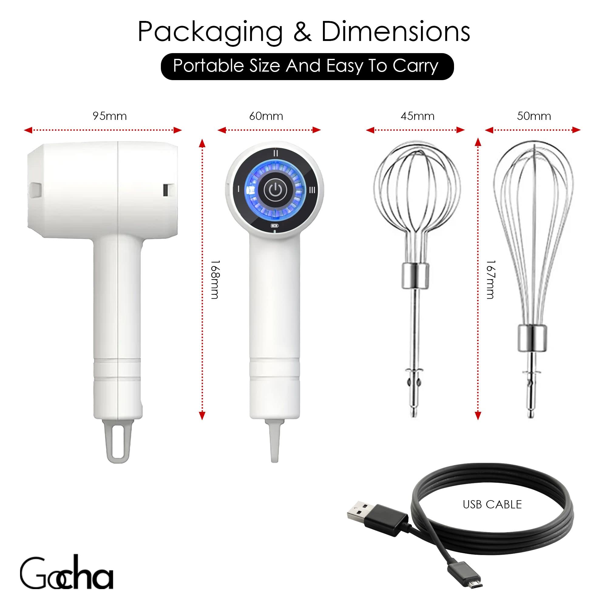 GOCHA Gadgets | Hand Whisk Electric | 3 Speed Handheld Mixer | Two Whisk Mount Baking Mixer | Cordless Electric Hand Mixer For Eggs, Soups, Cream, Batters | Portable, Wireless & Rechargeable (White)