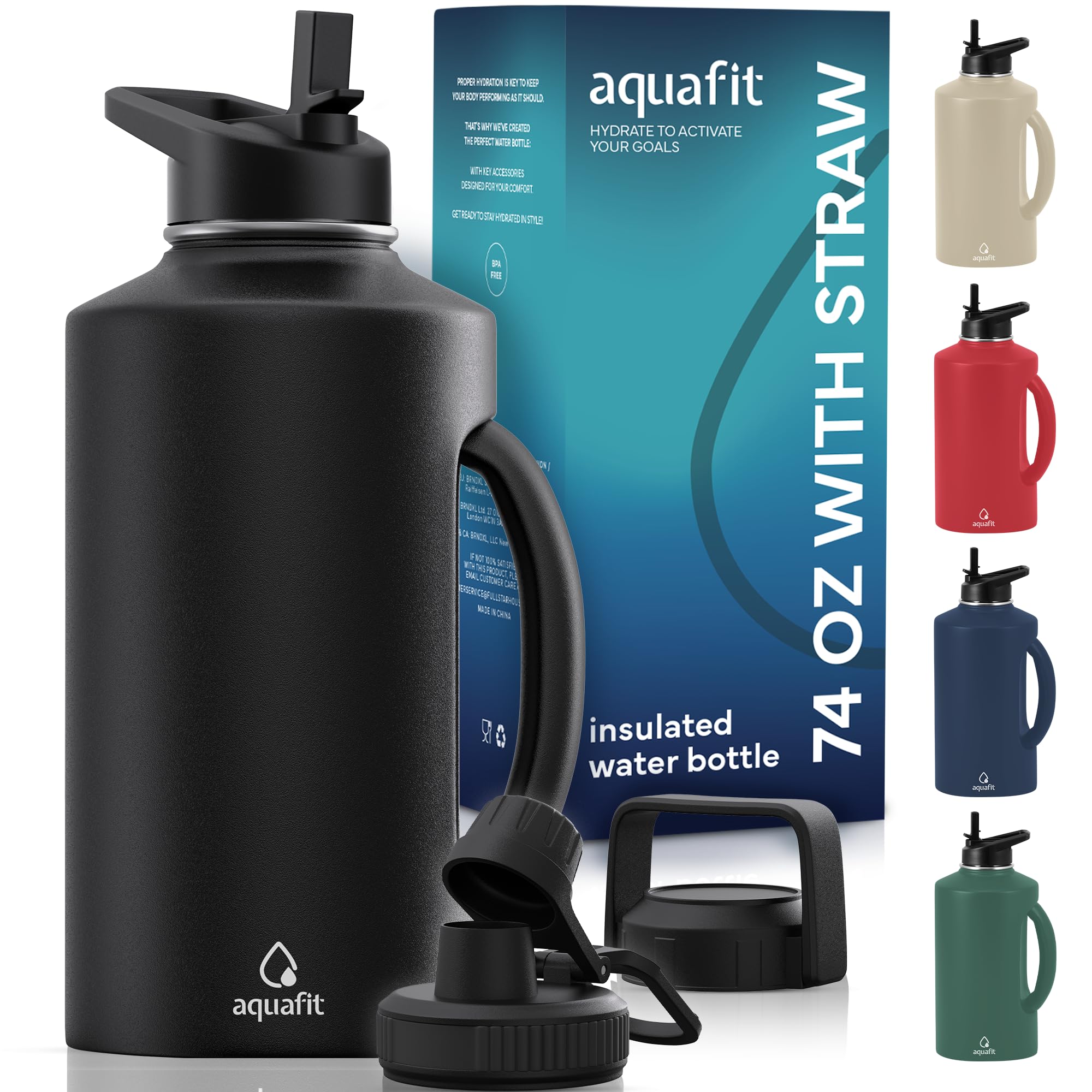 AQUAFIT Insulated Water Bottle 64 oz - Water Bottle Stainless Steel - 64 oz Water Bottle - 64 oz Insulated Water Bottle with Straw - Half Gallon Water Bottle Insulated Growler (74oz, Midnight Black)