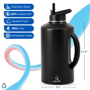 AQUAFIT Insulated Water Bottle 64 oz - Water Bottle Stainless Steel - 64 oz Water Bottle - 64 oz Insulated Water Bottle with Straw - Half Gallon Water Bottle Insulated Growler (74oz, Midnight Black)