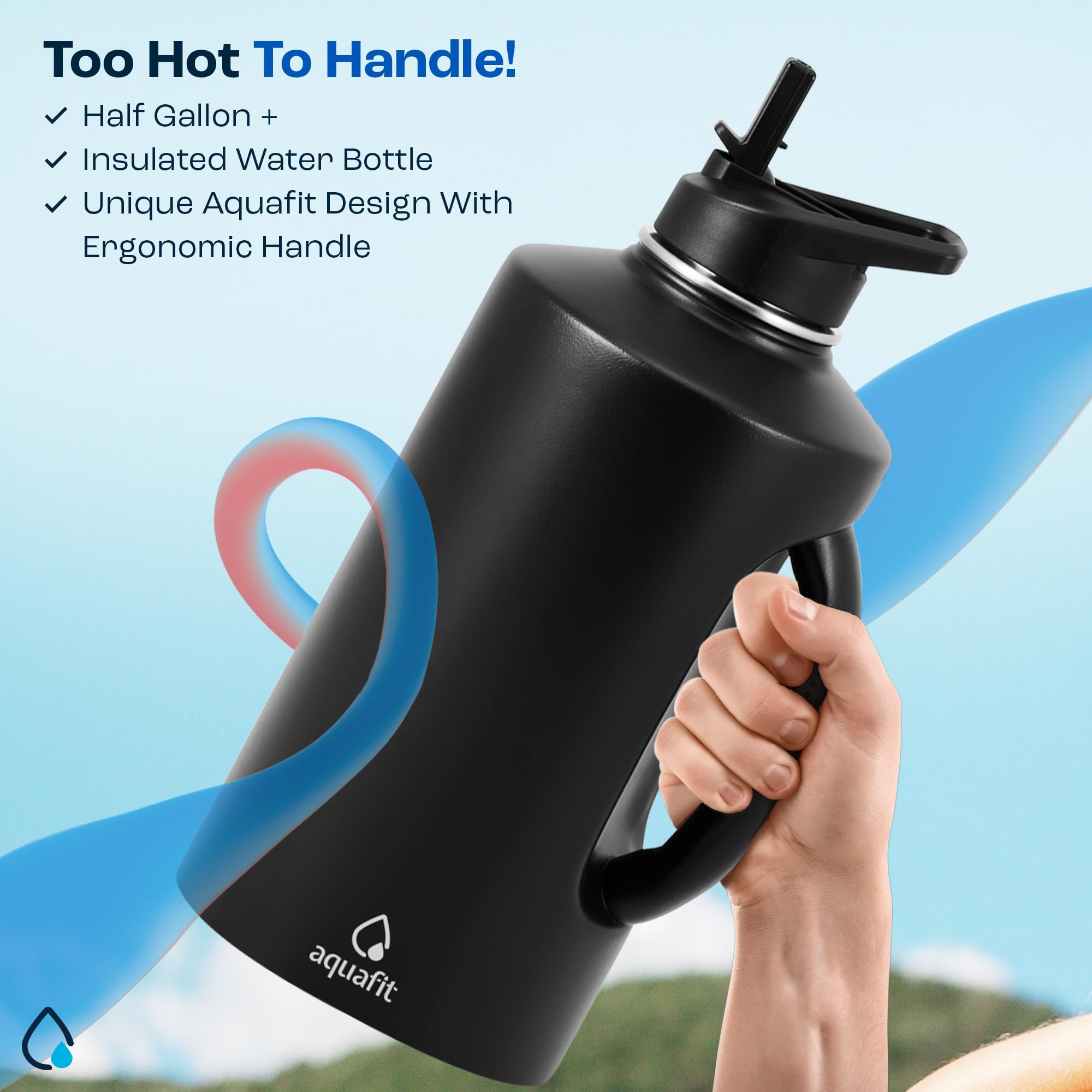 AQUAFIT Insulated Water Bottle 64 oz - Water Bottle Stainless Steel - 64 oz Water Bottle - 64 oz Insulated Water Bottle with Straw - Half Gallon Water Bottle Insulated Growler (74oz, Midnight Black)