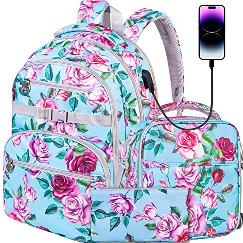 ZLYERT Laptop Backpack, 16 Inch School Bag College Bookbag, Anti Theft Daypack Bags and Lunch Bag Set, Water Resistant Rose Flowers Backpacks for Teens Girls Women Students