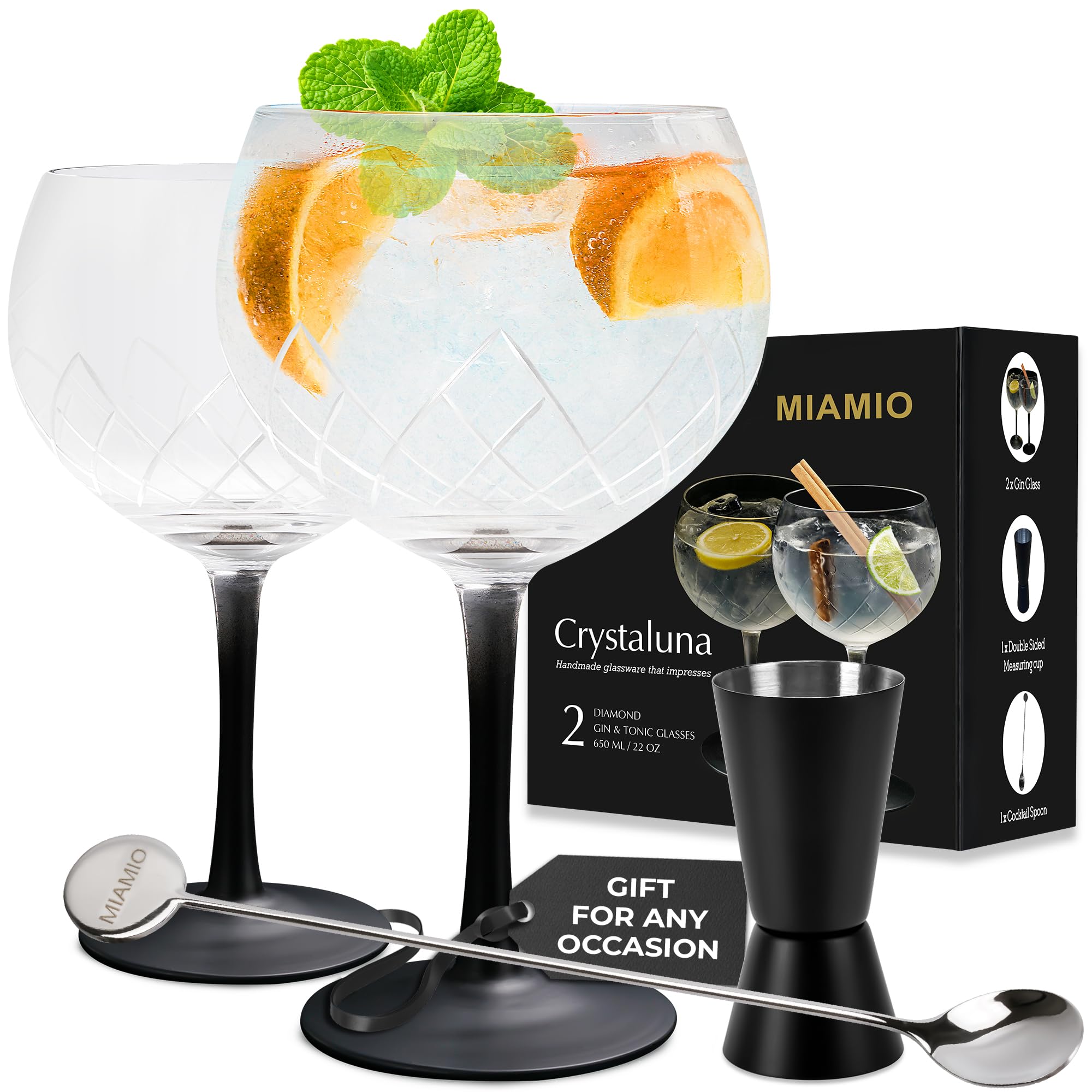 MIAMIO - 2 x 22 oz Gin Glass/Set of 2 Gin Glasses - Tonic Glasses Ideal for Gin and Cocktails - Gift Set including Measuring Cup Glass and Stirring Spoon