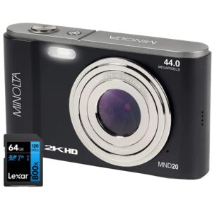 minolta mnd20-bk 44 mp / 2.7k ultra hd digital camera black bundle with lexar 64gb high-performance 800x uhs-i sdhc memory card blue series