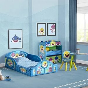 Baby Shark Plastic Sleep and Play Plastic Toddler Bed with Attached Guardrails by Delta Children, Blue