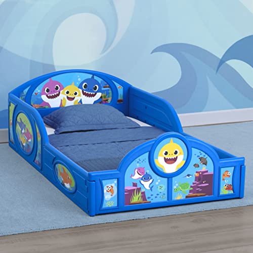 Baby Shark Plastic Sleep and Play Plastic Toddler Bed with Attached Guardrails by Delta Children, Blue