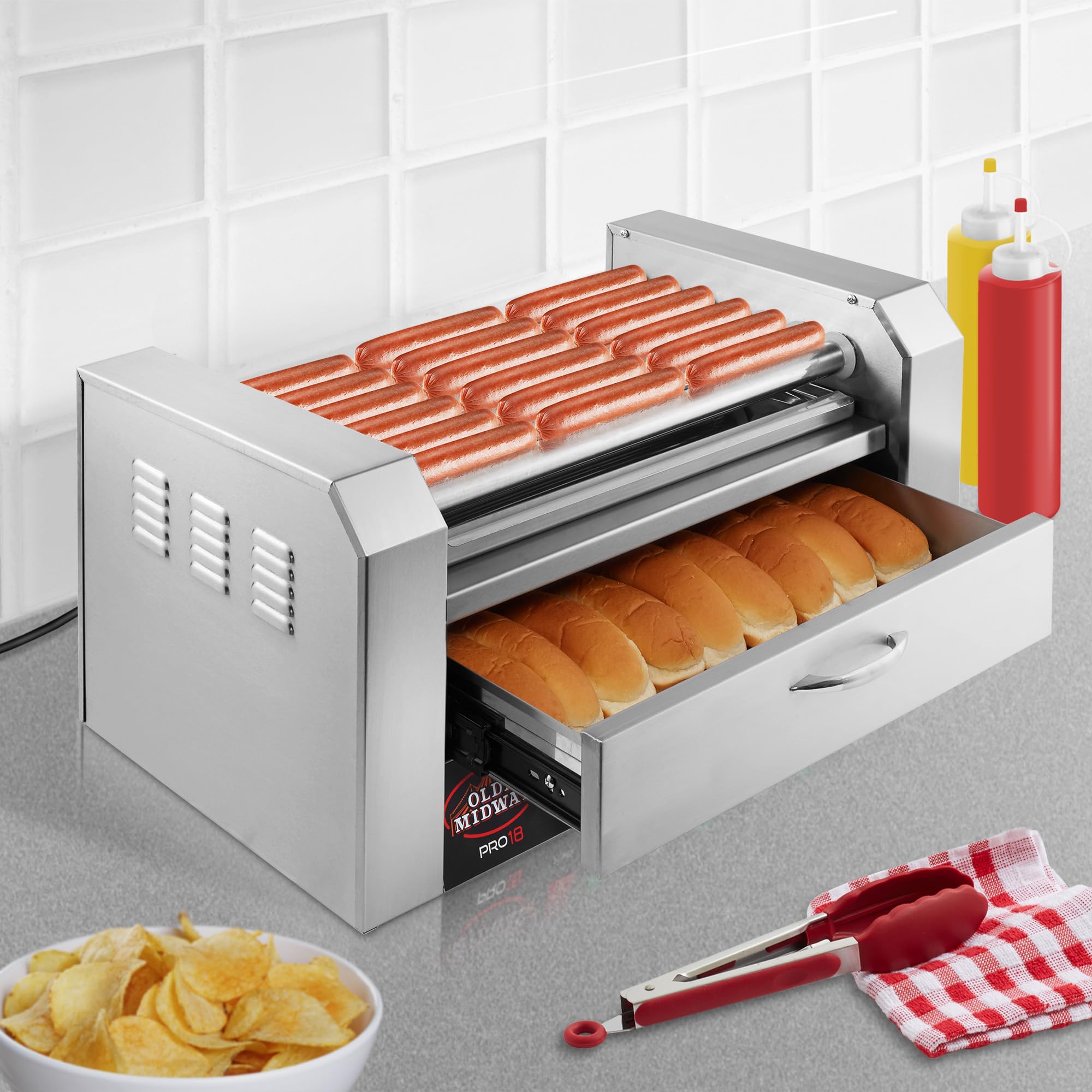 Olde Midway Electric 30 Hot Dog 11 Roller Grill Cooker Machine with Bun Warming Drawer and Cover - Commercial Grade, Stainless Steel