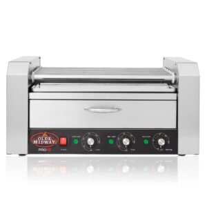 Olde Midway Electric 30 Hot Dog 11 Roller Grill Cooker Machine with Bun Warming Drawer and Cover - Commercial Grade, Stainless Steel