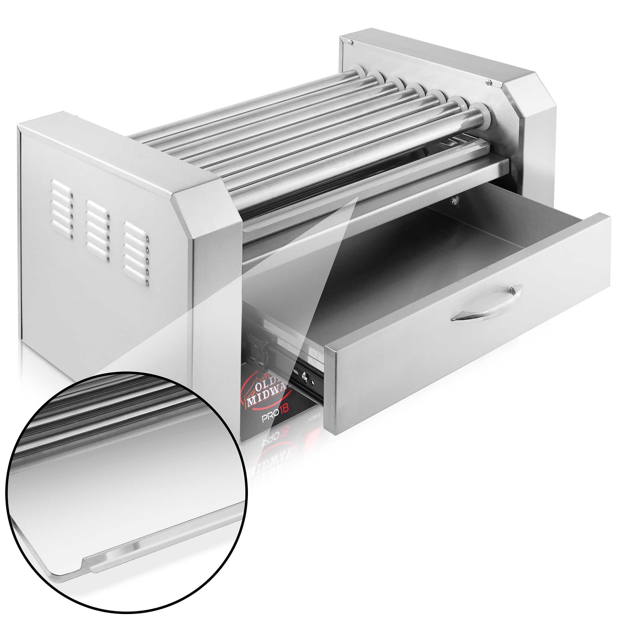 Olde Midway Electric 30 Hot Dog 11 Roller Grill Cooker Machine with Bun Warming Drawer and Cover - Commercial Grade, Stainless Steel