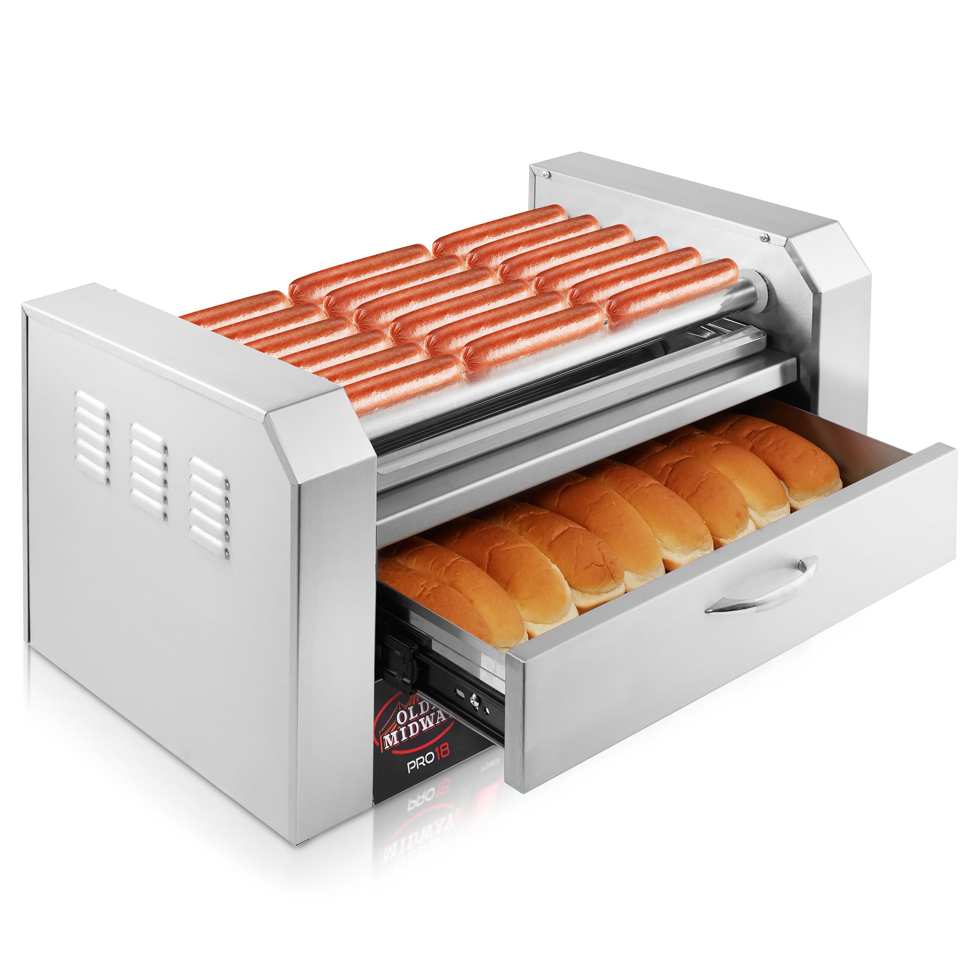 Olde Midway Electric 30 Hot Dog 11 Roller Grill Cooker Machine with Bun Warming Drawer and Cover - Commercial Grade, Stainless Steel