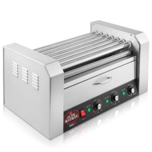 Olde Midway Electric 30 Hot Dog 11 Roller Grill Cooker Machine with Bun Warming Drawer and Cover - Commercial Grade, Stainless Steel