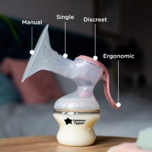 Tommee Tippee Made for Me Single Manual Breast Pump, Strong Suction, Soft Feel, Ergonomic Handle, Portable and Quiet Breastmilk Pump, Baby Bottle Included