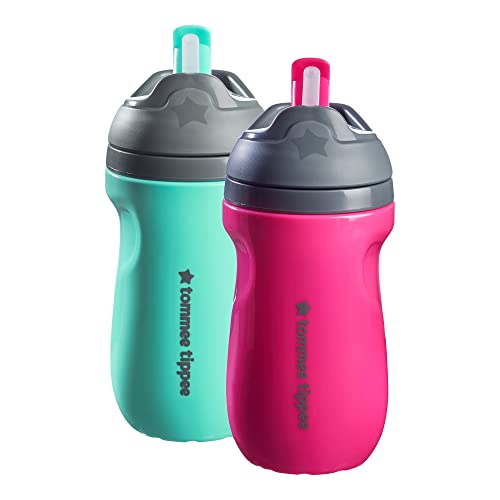 Tommee Tippee Insulated Spill-Proof Straw Cup, 12 Months+, 9oz, Toddler Training Sippy Cup, Sporty Carry Handle, Bite Resistant Spout, Pack of 2, Pink and Mint