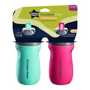 Tommee Tippee Insulated Spill-Proof Straw Cup, 12 Months+, 9oz, Toddler Training Sippy Cup, Sporty Carry Handle, Bite Resistant Spout, Pack of 2, Pink and Mint