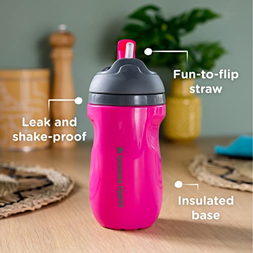 Tommee Tippee Insulated Spill-Proof Straw Cup, 12 Months+, 9oz, Toddler Training Sippy Cup, Sporty Carry Handle, Bite Resistant Spout, Pack of 2, Pink and Mint