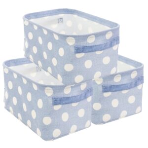 steel mill & co 3-pack collapsible storage bins, small baskets for organizing, decorative fabric bins for nursery, shelves, and closets, blue and cream texture dots