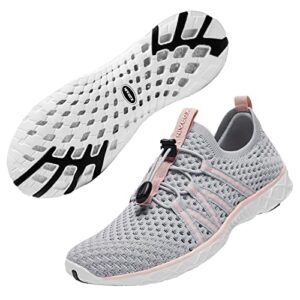 kolili womens aqua shoes for water aerobic, quick drying water hiking shoes, breathable slip on water shoes with arch support for beach swimming/walking gray/pink size 8