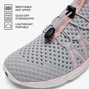 KOLILI Womens Aqua Shoes for Water Aerobic, Quick Drying Water Hiking Shoes, Breathable Slip on Water Shoes with Arch Support for Beach Swimming/Walking Gray/Pink Size 8