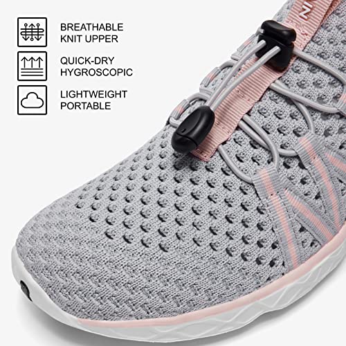 KOLILI Womens Aqua Shoes for Water Aerobic, Quick Drying Water Hiking Shoes, Breathable Slip on Water Shoes with Arch Support for Beach Swimming/Walking Gray/Pink Size 8