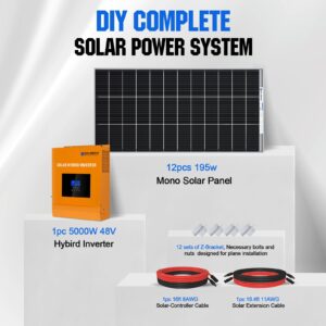 ECO-WORTHY 10.7KWH 2400W 48V Solar Power System Kit Off Grid Solar Panel Kit with 5000W 48V All-in-one Solar Charge Inverter and 12pcs 195W Solar Panel and Z Mounting Brackets.Plug and Play