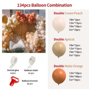 Rubfac 134pcs Boho Balloon Garland Arch Kit Double-Stuffed Matte Orange Cream Peach Apricot Balloons for Wedding Birthday Baby Shower Party Decor