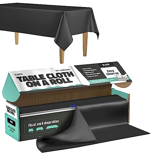 Tablecloth Roll – 54" X 110' Black Premium Plastic Table Cloths with Cutter Box - Cut to Size - Decorative Rectangle Table Cover Smooth Tablecloth - Disposable Tablecloths for Parties, Weddings.