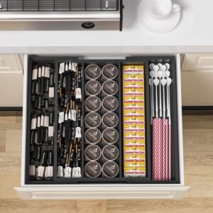 Kitchen Utensil Organizer Silverware Tray - Bamboo Flatware Organizer Expandable 5 Slots Multipurpose Silverware Organizer for Office Storage Garage Organization W13.7"-19.9" x L17.6" X H2.5" (Black)