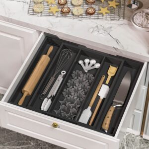 Kitchen Utensil Organizer Silverware Tray - Bamboo Flatware Organizer Expandable 5 Slots Multipurpose Silverware Organizer for Office Storage Garage Organization W13.7"-19.9" x L17.6" X H2.5" (Black)