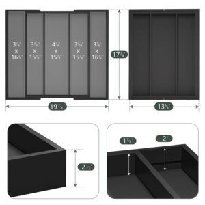 Kitchen Utensil Organizer Silverware Tray - Bamboo Flatware Organizer Expandable 5 Slots Multipurpose Silverware Organizer for Office Storage Garage Organization W13.7"-19.9" x L17.6" X H2.5" (Black)
