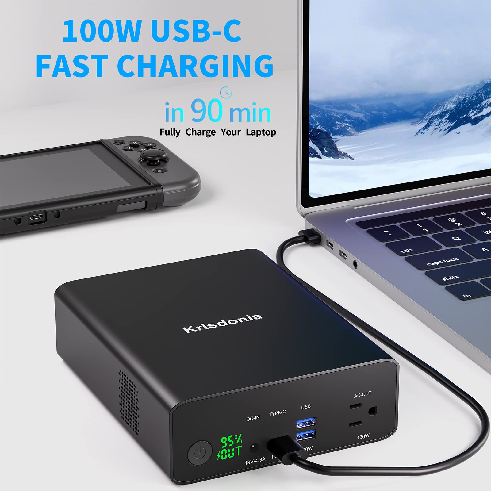 Krisdonia Power Bank with AC Outlet, Portable Laptop Charger Battery Bank USB C 100W Fast Charging, 80000mAh/296Wh Power Station External Battery Pack 130W/110V for Outdoor Camping Home Office