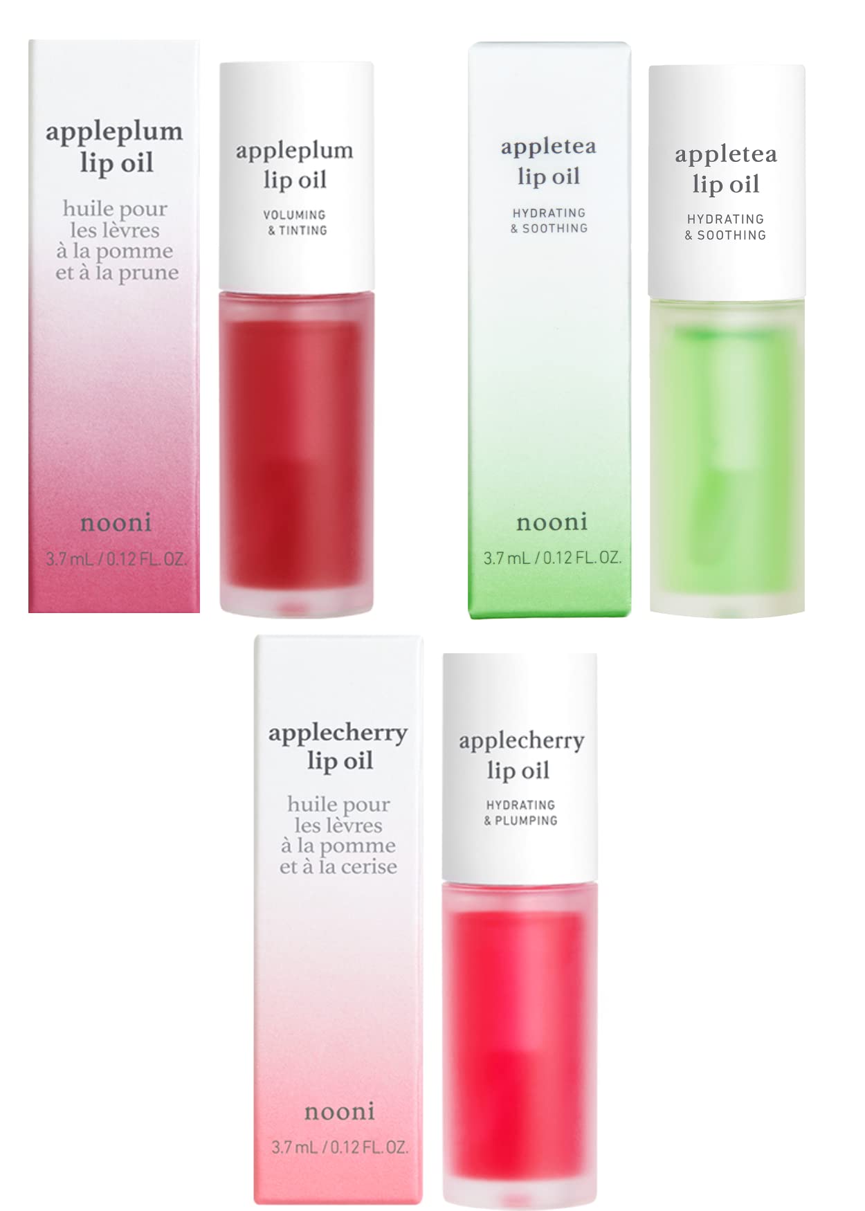 Nooni Korean Lip Oil - Appletea, 0.12 Fl Oz + Korean Lip Oil - Applecherry, 0.12 Fl Oz + Korean Lip Oil - Appleplum, 0.12 Fl Oz Bundle