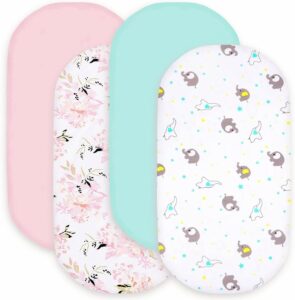 bimocosy bassinet sheet, 4 pack bassinet sheets for baby girls boys, soft baby bassinet fitted sheets neutral for standard bassinet mattress, size 32 x 16 x 4 inches, floral/elephant/pink/green