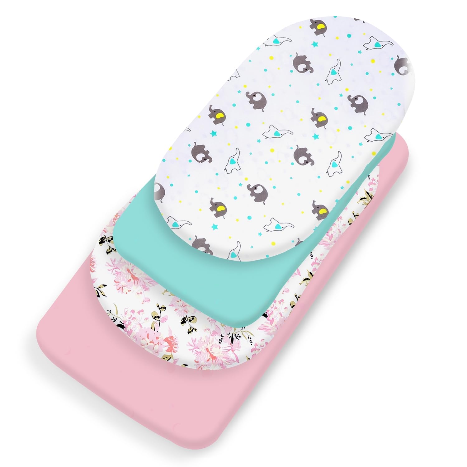 bimocosy Bassinet Sheet, 4 Pack Bassinet Sheets for Baby Girls Boys, Soft Baby Bassinet Fitted Sheets Neutral for Standard Bassinet Mattress, Size 32 x 16 x 4 Inches, Floral/Elephant/Pink/Green