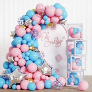 rubfac 150pcs baby boxes blue and pink balloons arch, garland gender reveal decorations kit, 4pcs baby boxes with letters for baby shower birthday boy or girl baby party supplies