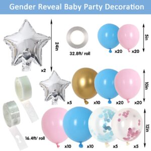 RUBFAC 150pcs Baby Boxes Blue and Pink Balloons Arch, Garland Gender Reveal Decorations Kit, 4pcs Baby Boxes with Letters for Baby Shower Birthday Boy or Girl Baby Party Supplies