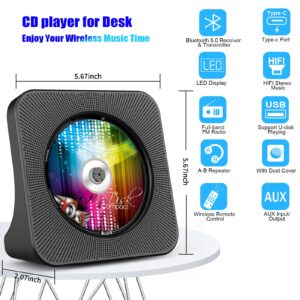 Gueray Portable CD Player, Bluetooth CD Kpop Player for Desktop with HiFi Sound Speaker, FM Radio CD Music Player for Home with Remote Control, Dust Cover, LED Screen, Support AUX/USB, Headphone Jack