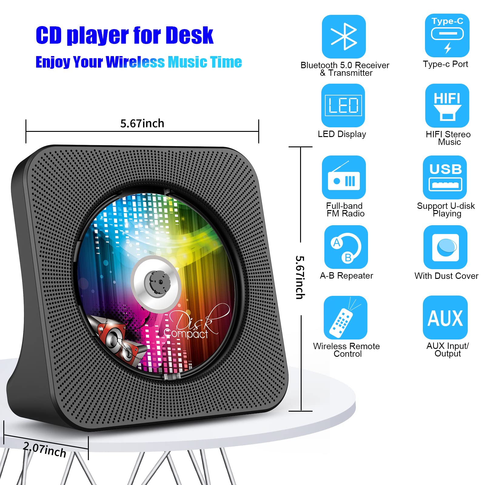 Gueray Portable CD Player, Bluetooth CD Kpop Player for Desktop with HiFi Sound Speaker, FM Radio CD Music Player for Home with Remote Control, Dust Cover, LED Screen, Support AUX/USB, Headphone Jack