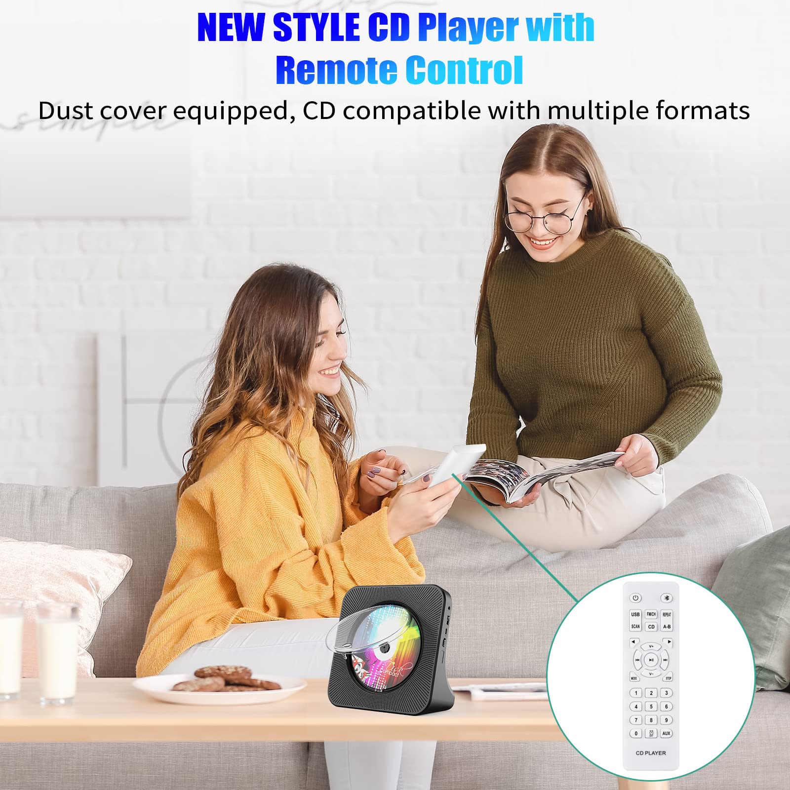 Gueray Portable CD Player, Bluetooth CD Kpop Player for Desktop with HiFi Sound Speaker, FM Radio CD Music Player for Home with Remote Control, Dust Cover, LED Screen, Support AUX/USB, Headphone Jack