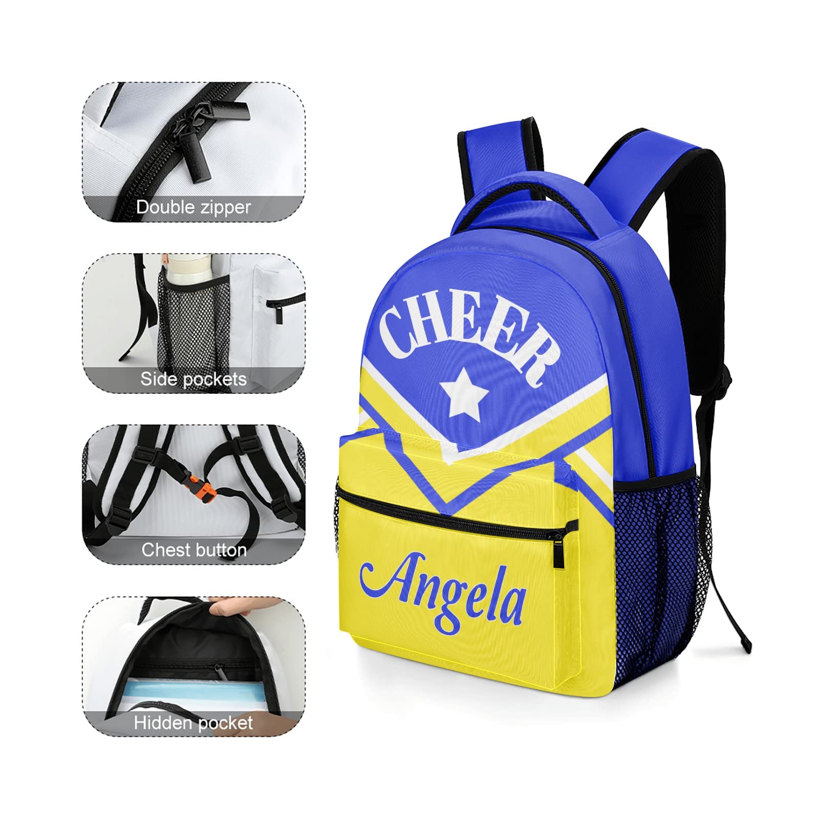XOZOTY Cheerleader Backpack Personalized Custom Book Bags with Name Cheer Cheerleading Blue Yellow