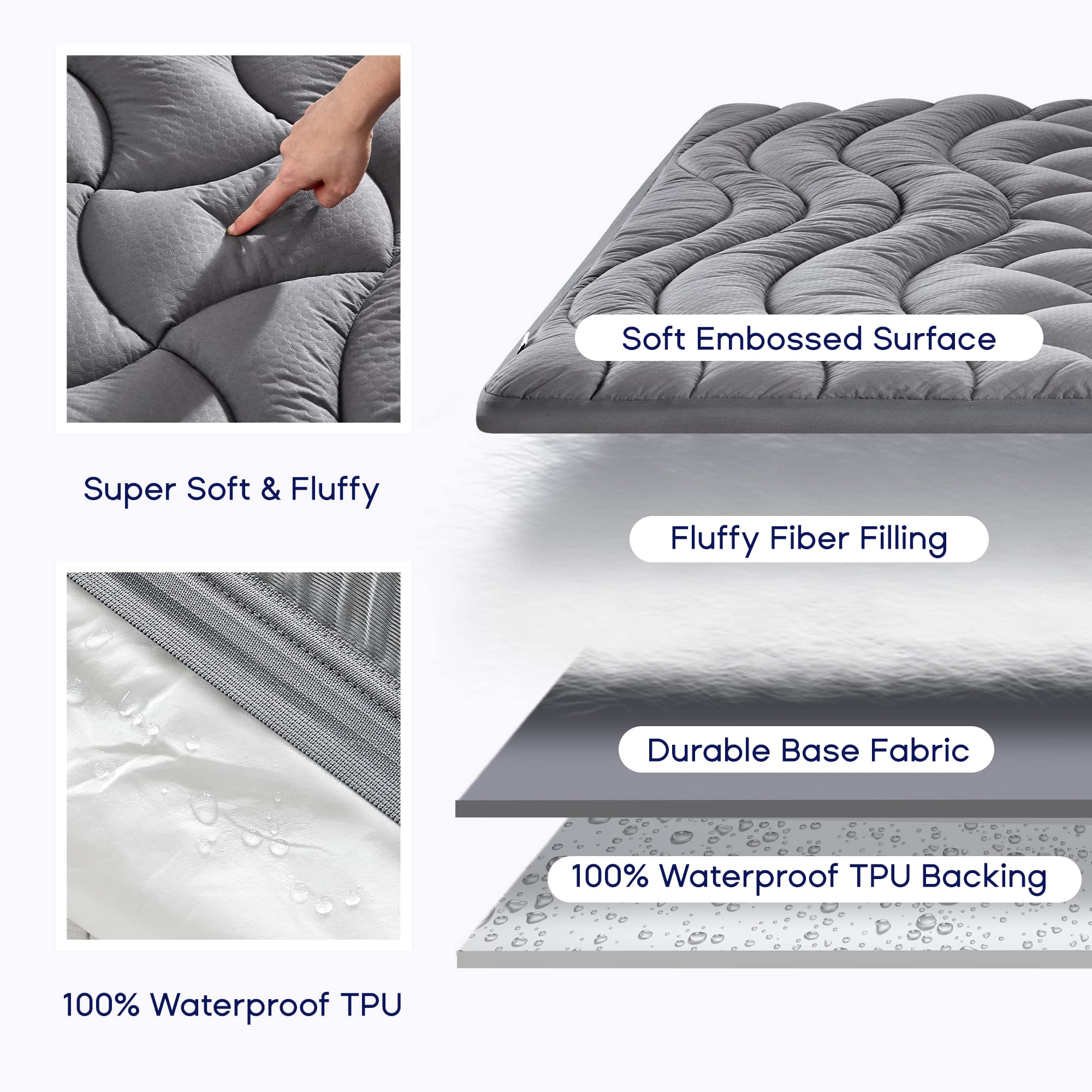 SLEEP ZONE Grey Twin Waterproof Mattress Pad, Premium Soft Embossed Mattress Topper, Quilted Fitted Mattress Protector Cover with Elastic Deep Pocket (Grey, Twin)