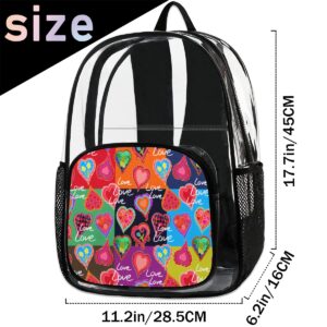 TropicalLife Colorful Valentines Heart Men Women Transparent Backpack Heavy Duty PVC Boys Girls Clear Backpack for School, College, Workplace, Travel