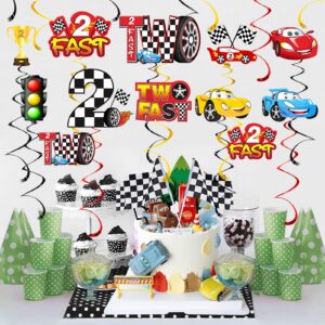 Aodocuto Race Car 2 Fast Birthday Decorations Hanging Swirls for Boys, 16Pcs Car Theme 2nd Birthday Foil Swirls Party Supplies, 2 Year Old Let's Go Racing Birthday Party Ceiling Decor