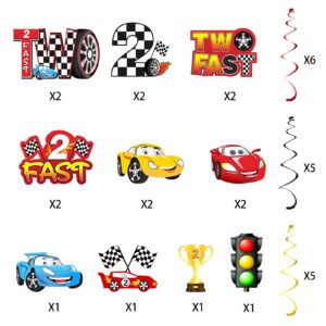 Aodocuto Race Car 2 Fast Birthday Decorations Hanging Swirls for Boys, 16Pcs Car Theme 2nd Birthday Foil Swirls Party Supplies, 2 Year Old Let's Go Racing Birthday Party Ceiling Decor