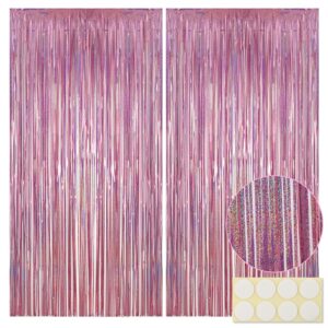 rubfac pink tinsel backdrop for pink party decorations, pink foil fringe curtain, 6.4x8 feet, pack of 2, pink streamers decorations for princess birthday bachelorette wedding