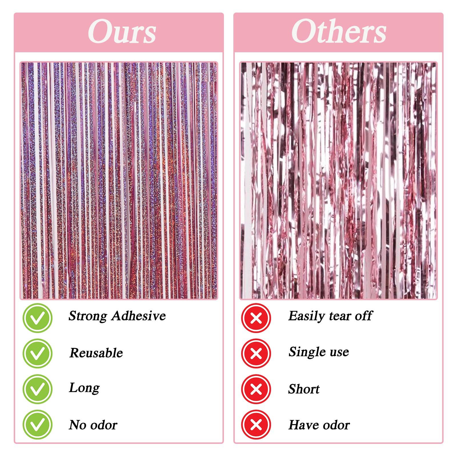 RUBFAC Pink Tinsel Backdrop for Pink Party Decorations, Pink Foil Fringe Curtain, 6.4x8 Feet, Pack of 2, Pink Streamers Decorations for Princess Birthday Bachelorette Wedding