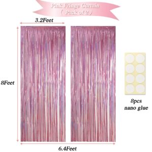 RUBFAC Pink Tinsel Backdrop for Pink Party Decorations, Pink Foil Fringe Curtain, 6.4x8 Feet, Pack of 2, Pink Streamers Decorations for Princess Birthday Bachelorette Wedding