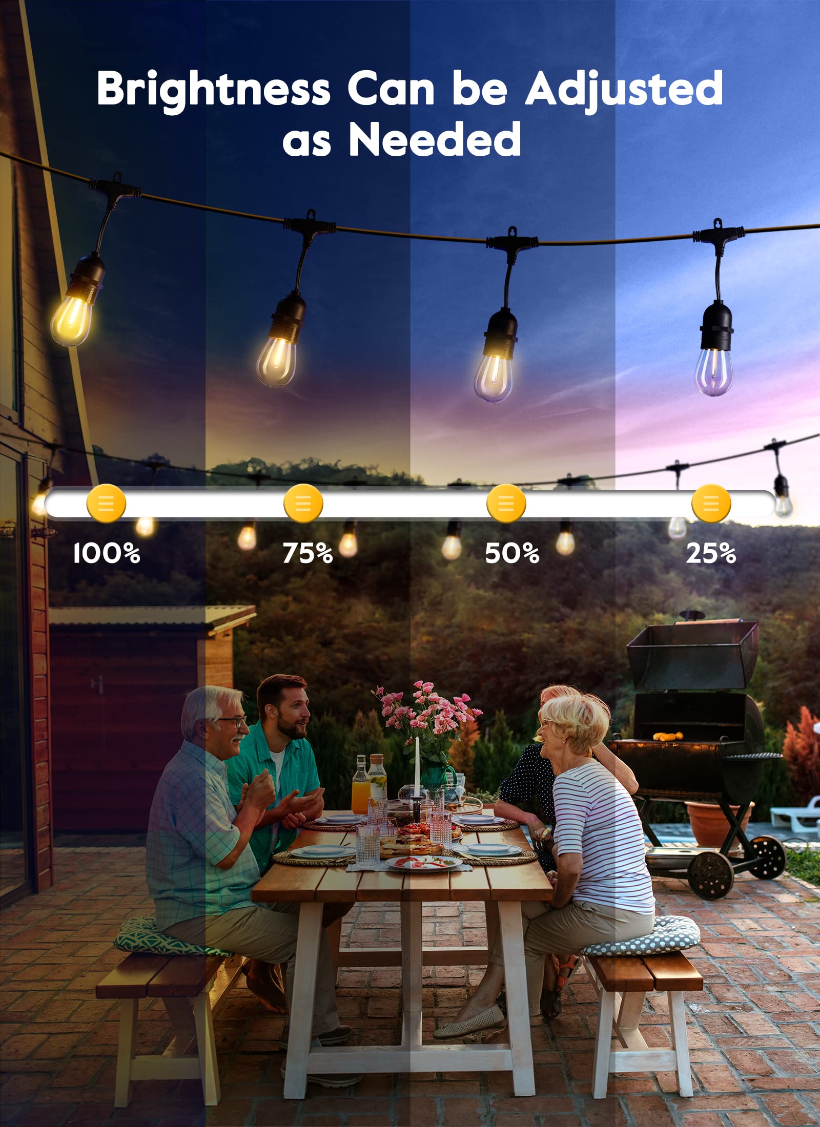 Brightown 52FT LED Outdoor String Lights with 3 Lighting Modes, Outside Dimmable Patio Lights with Timer, Waterproof Hanging Lights for Outside Garden Yard Balcony Backyard Cafe